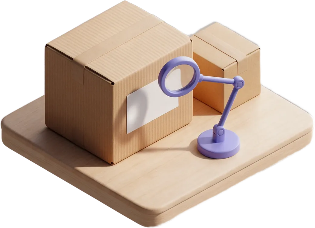 Paket mit leerem Etikett unter einer Lupe